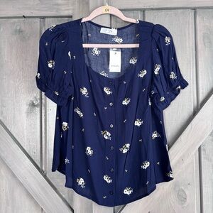 Anthropologie Elodie Blue Floral Peasant Blouse Size M